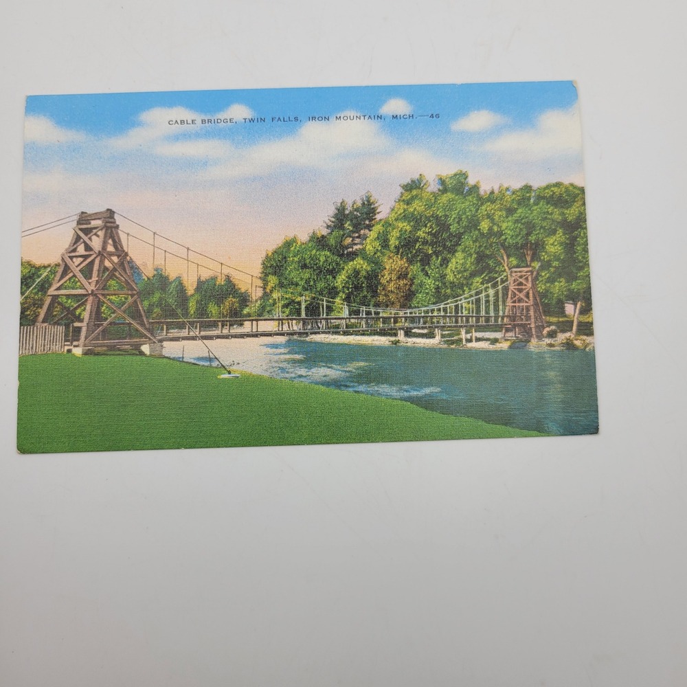 Vintage Cable Bridge Twin Falls Iron Mountain Michigan Postcard 46